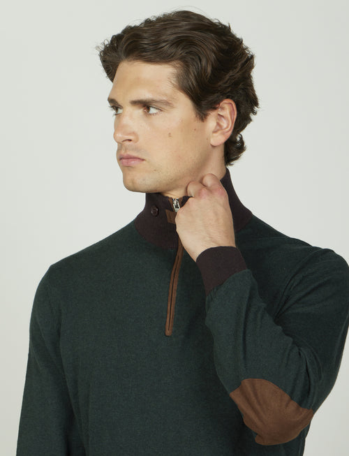 Maglia mezza zip in cotone e lana con dettagli in alcantara