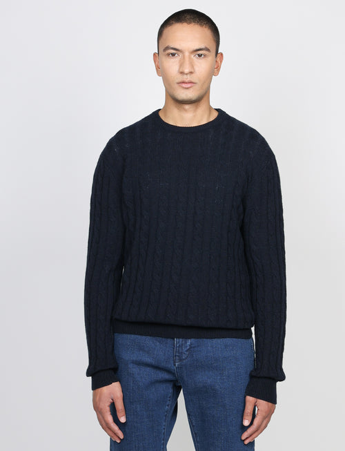 Maglia girocollo a trecce in lana lambswool |Colore:Blu