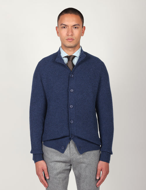 Cardigan a coste inglesi in lana lambswool |Colore:Bluette