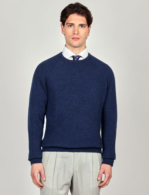 Maglia girocollo a coste inglesi in lana |Colore:Bluette