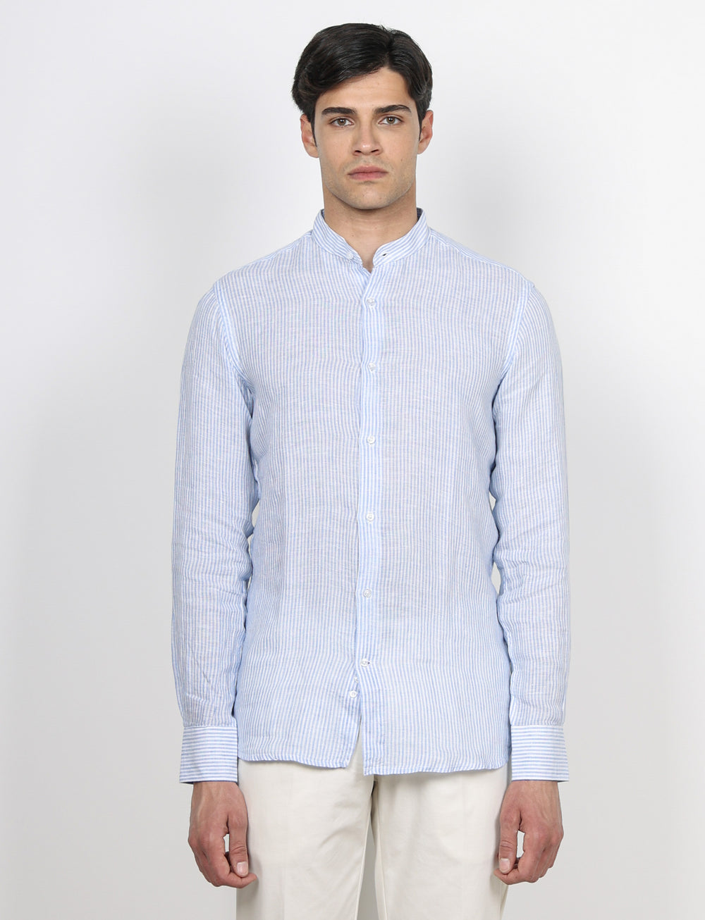 Camicia in lino collo alla coreana a righe