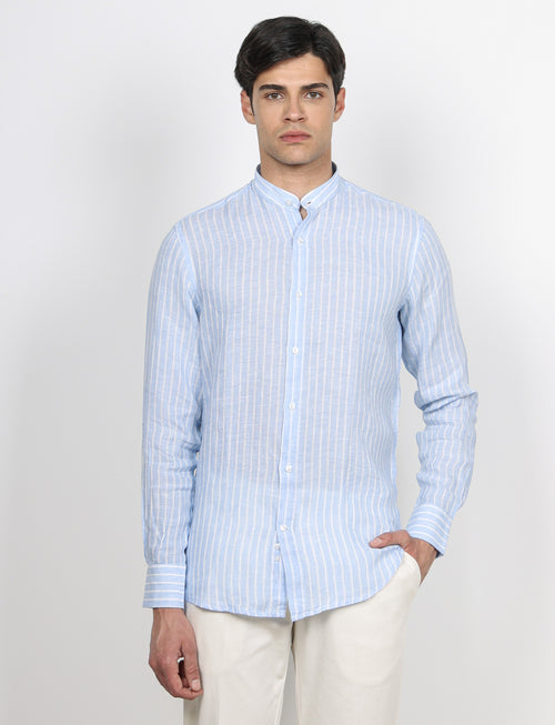 Camicia in lino a righe con collo coreano |Colore:Celeste