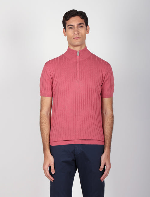 Maglia mezza zip in cotone a coste_Luigi Fusaro
