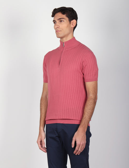 Maglia mezza zip in cotone a coste_Luigi Fusaro