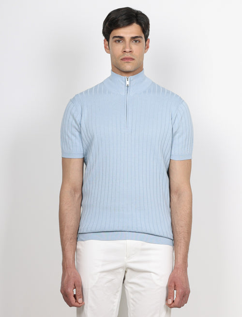 Maglia mezza zip in cotone a coste_Luigi Fusaro
