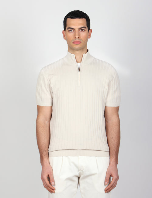 Maglia mezza zip in cotone a coste_Luigi Fusaro