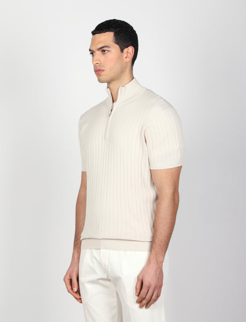 Maglia mezza zip in cotone a coste_Luigi Fusaro