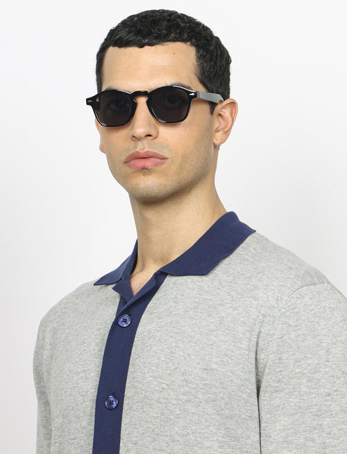 Cardigan polo in cotone |Colore:Grigio melange blu