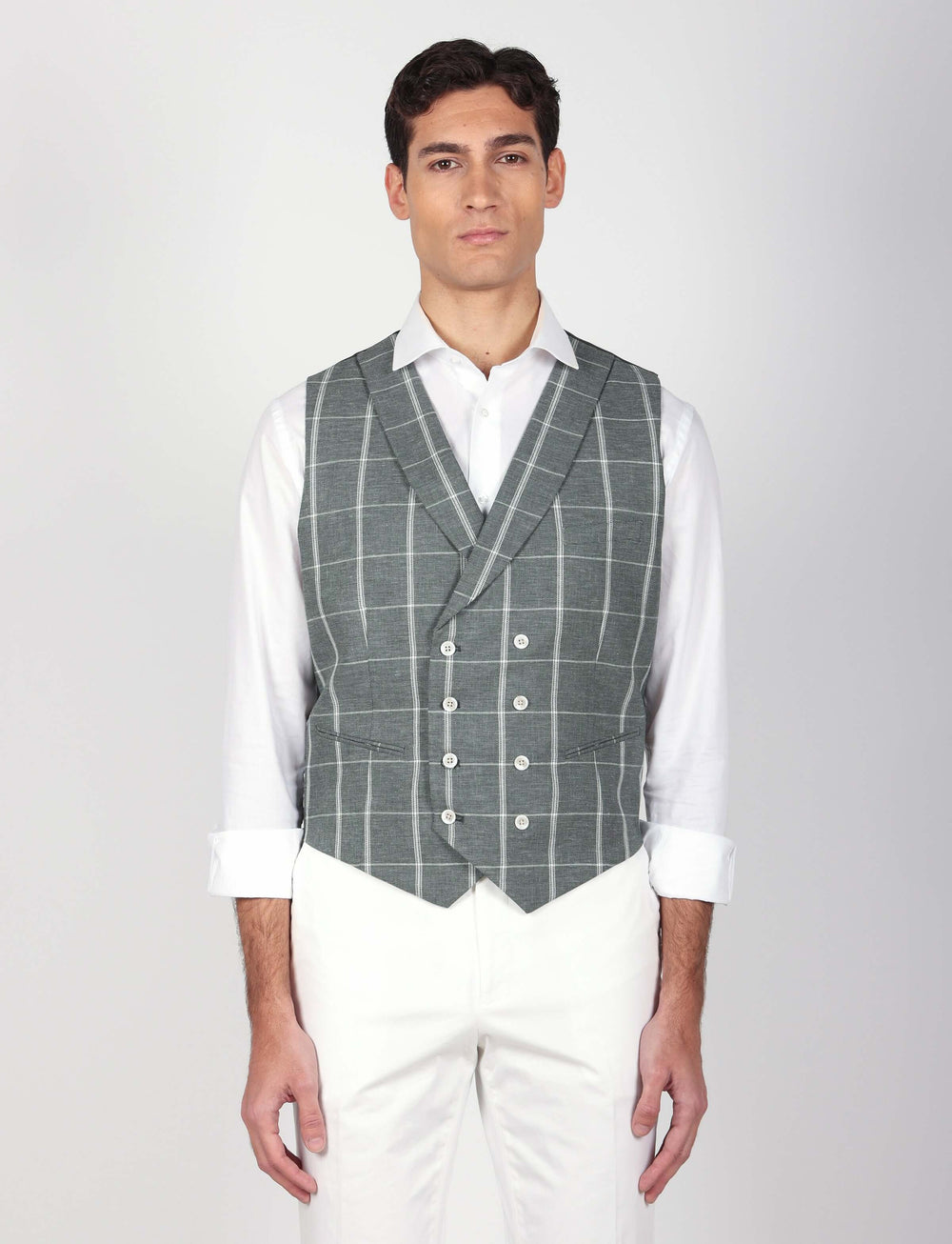 Gilet doppiopetto check in lino e cotone