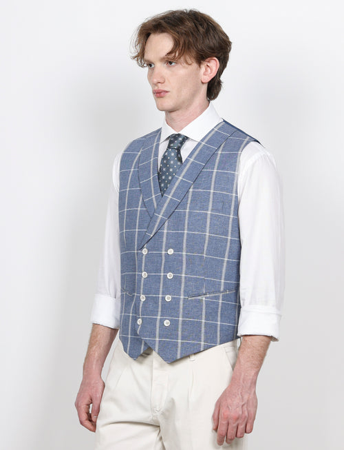 Gilet doppiopetto check in lino e cotone