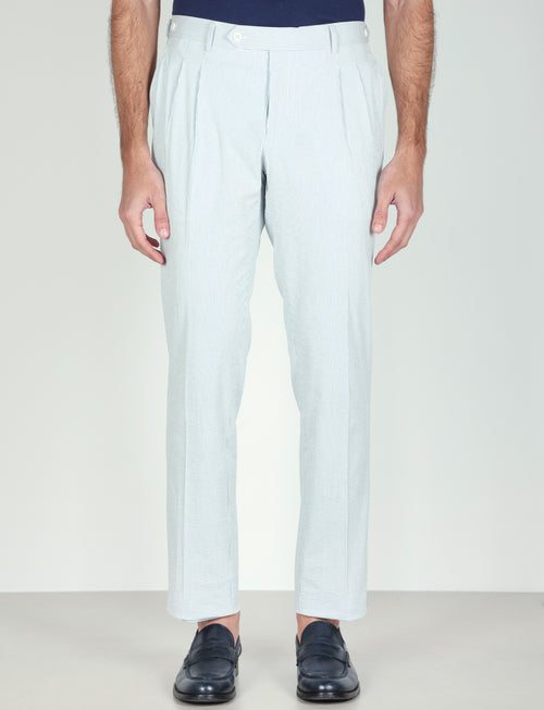 Pantaloni a righe in cotone goffrato con pinces |Colore:Celeste