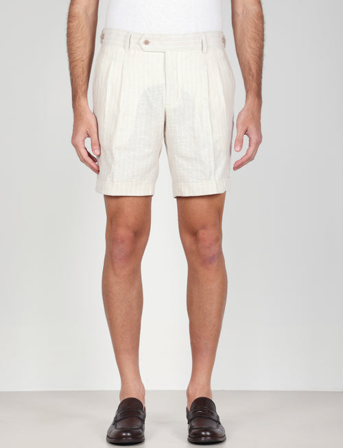 Bermuda a righe in lino e viscosa|Colore:Beige