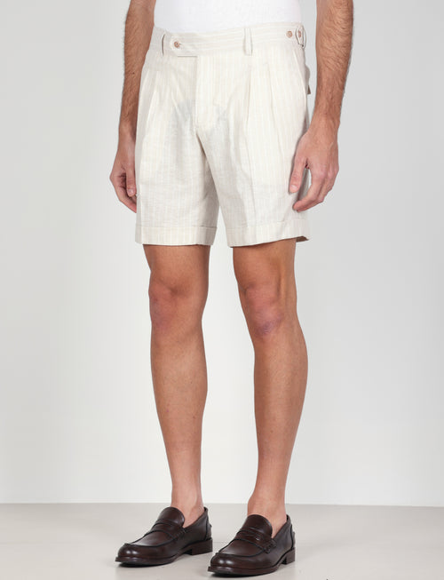 Bermuda a righe in lino e viscosa|Colore:Beige