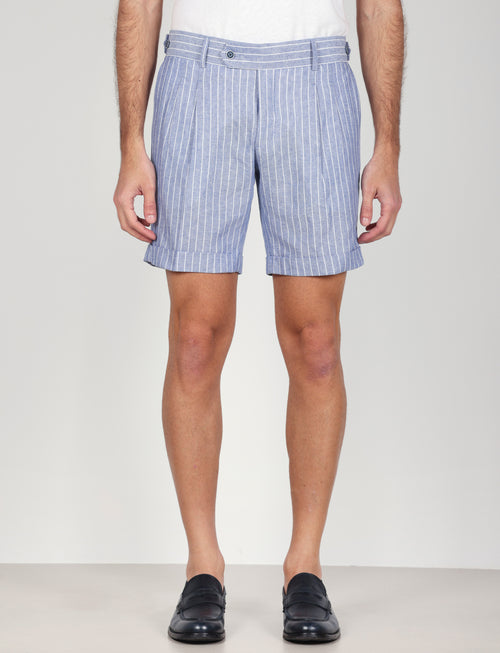 Bermuda a righe in lino e viscosa|Colore:Denim