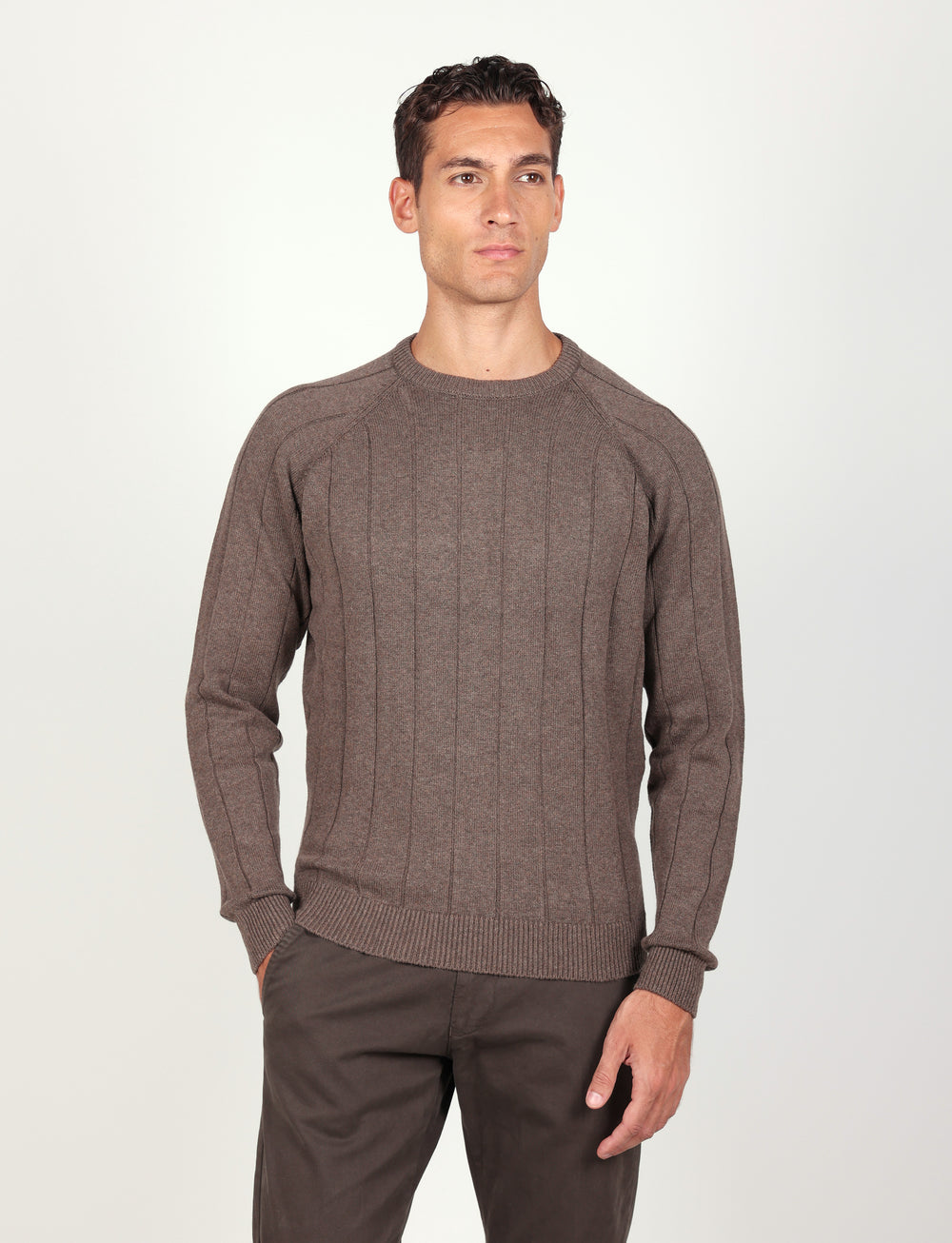 Maglia girocollo a coste in cotone e lana