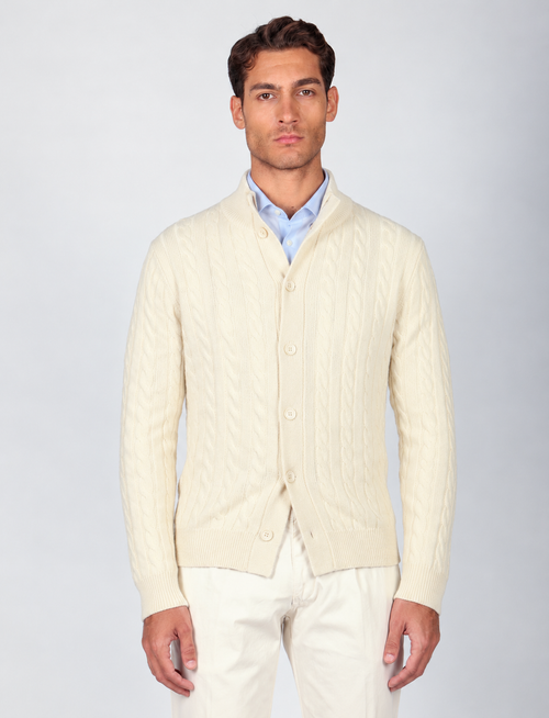 Cardigan in lana lambswool a trecce |Colore:Panna