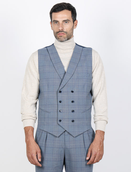 Gilet doppiopetto fantasia check |Colore:Avio