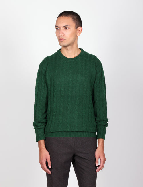Maglia girocollo  in lana lambswool a trecce |Colore:Verde inglese