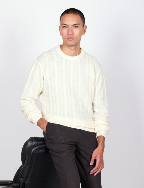 Maglia girocollo  in lana lambswool a trecce |Colore:Panna