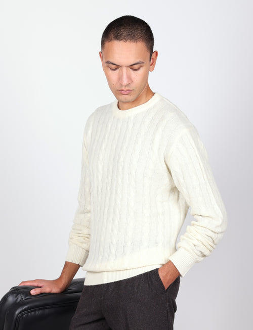 Maglia girocollo  in lana lambswool a trecce |Colore:Panna