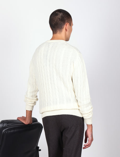 Maglia girocollo  in lana lambswool a trecce |Colore:Panna