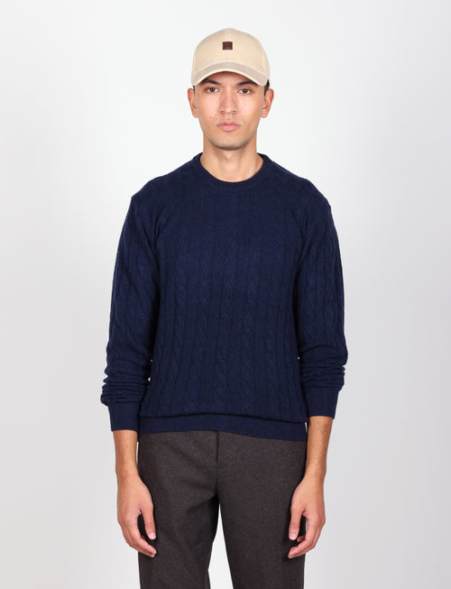 Maglia girocollo  in lana lambswool a trecce |Colore:Blu