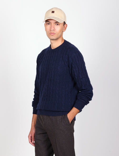 Maglia girocollo  in lana lambswool a trecce |Colore:Blu